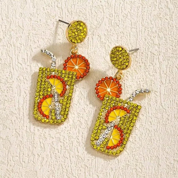 Yellow Orange Citrus Cocktail Lemonade Drink Earrings Summer Colourful Sparkly - Picture 3 of 3